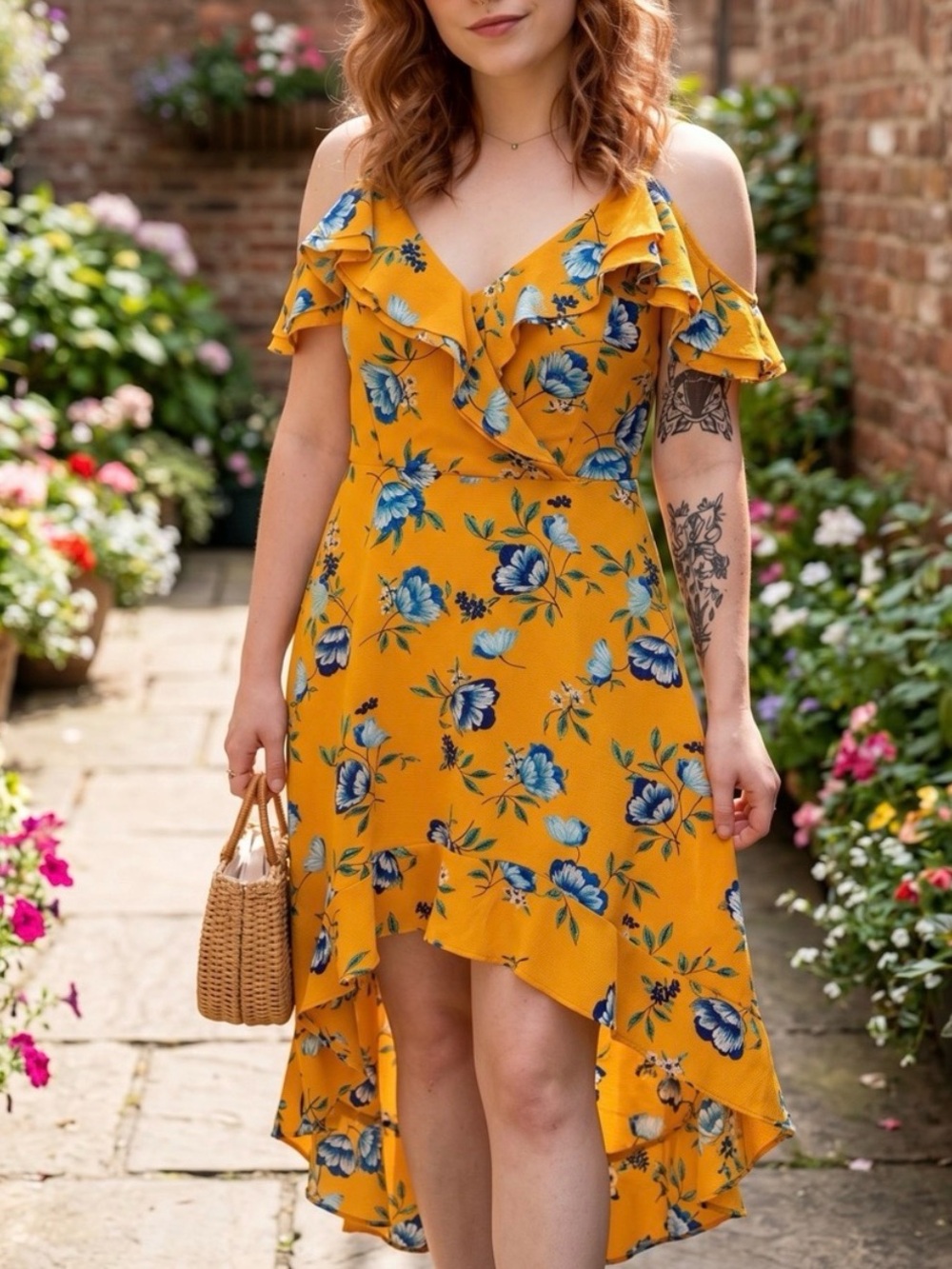 ☀️ BCX • Yellow Floral Ruffle Cold-Shoulder High-Low Dress • Juniors 9 or WM 8